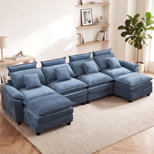 134'' U Shaped Sectional Couch, Cloud Deep Seat Sofa Couch with 2 Ottoman, Detachable Headrest, Oversized Modular 5 Seater Sofas for Living Room, Blue - color: Blue, size: U Shaped Couch