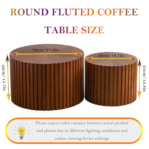 Handcraft Round Nesting Coffee Table (Brown 27.56+19.69in) | Chic Wave Stripe Edge, Modern Stylish Walnut Wooden Circle Fluted Center Table for Living Room - color: A Brown 27.56+19.69in