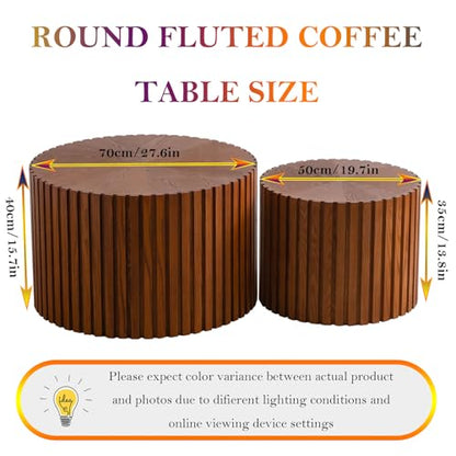 Handcraft Round Nesting Coffee Table (Brown 27.56+19.69in) | Chic Wave Stripe Edge, Modern Stylish Walnut Wooden Circle Fluted Center Table for Living Room - color: A Brown 27.56+19.69in