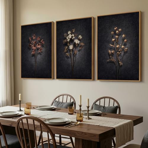 3 Piece Framed Moody Floral Wall Art for Dining Room, Large Vintage Botanical Canvas Artwork for Walls, Dark Black Retro Flower Picture Prints Paintings for Living Room Kitchen Decor, 24x36 Inch - color: black, size: 24W" x 36H"x3Pcs