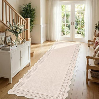 GarveeHome Scalloped Washable Rugs 2x6 Hallway Runner Rug Non Slip, Beige | Kitchen Rugs Soft Non Shedding Modern Low Pile Entryway Rug Stain Resistant Carpet for Bath Laundry Room Bedroom - color: Beige, size: 2' x 6' (Runner)