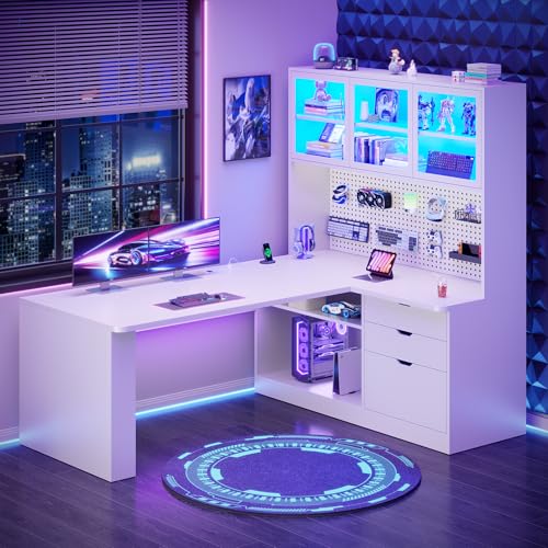 SEDETA L Shaped Corner Gaming Desk with 3 Wood Drawer and Large Bookshelf | L Shaped Computer Desk with LED Light, Display Cabinet and Pegboard for Home Office, 27.5" W Large Desktop Table, White - color: White