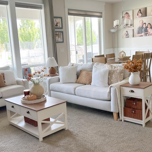 PHI VILLA White Coffee Table with Drawers,2 Tiers Living Room Coffee Table | Storage Shelf Rustic Rectangle Coffee Table with Drawers, Farmhouse Wood Coffee Table, Modern Style - color: Ivory 3
