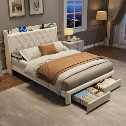 Garvee Full Size Bed Frame with Storage, Velvet Upholstered Platform Bed Frame with Crystal Tufted Headboard, Charging Station, 2 Drawers, No Box Spring Needed, Noise-Free,for Bedroom, Ivory | Velvet Upholstered Platform Bed Frame with Crystal Tufted Head