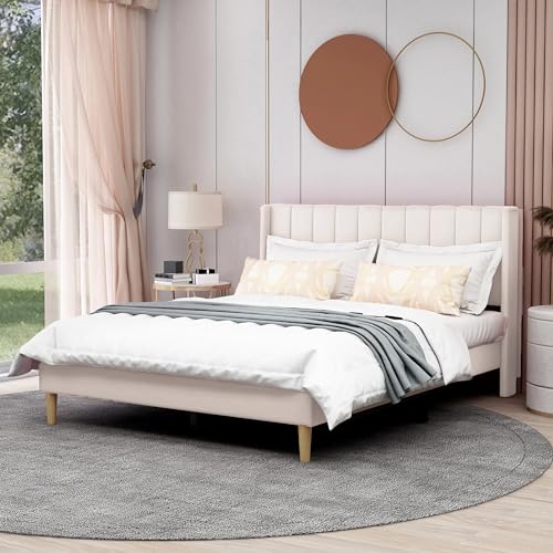 AGARTT Upholstered Platform Bed Frame Queen Size, Beige Velvet | Headboard and Footboard/Wooden Slats Support/No Box Spring Needed/Easy Assembly - color: Beige Velvet, size: Queen