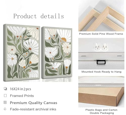 HSHFKLH 2 Pcs Boho Wildflowers Canvas Wall Art | Green Bohemia Abstract Floral Botanical Picture Wall Decor Poster Print Artwork for Living Room Bedroom Home Decoration - color: Canvas, size: 16x24in