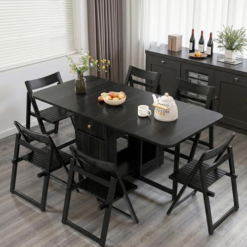 Drop Leaf Table and Chairs - 59" Fully Assembled Folding Dining Table 4-6 Seater with Storage and Lockable Wheels, Space-Saving Set with 6 Chairs for Kitchen or Dining Room (Black) - color: Black, size: 59.06″L Table & 6 Chairs