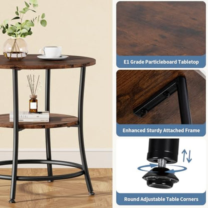 OLIXIS 21.85-Inch Round End Table, 2-Tier Side Table for Living Room, Accent Stand with Storage Shelf, Sturdy Metal Frame Nightstand for Small Space, Round Bedside, Rustic Brown and Ink Black - color: Rustic Brown & Ink Black