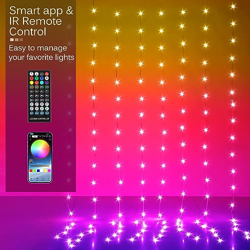 LED Curtain Lights, 9.8ft x 9.8ft 300 LED Color Changing String Fairy Lights Curtain Smart APP Control, Music & Voice Sync for Bedroom Wall Backdrop Indoor Outdoor Christmas Decorations - size: 300-LED RGB 9.8ft x 9.8ft