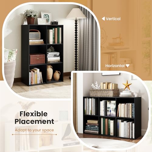 Giantex 6-Cube Bookcase, 3-Tier Cubby Bookshelf, Horizontal Vertical Display Rack with Anti-Tipping Kits, Modern Storage Organizer Shelf Unit for Bedroom, Living Room, Study Room, Black | Horizontal Vertical Display Rack with Anti-Tipping Kits, Modern Sto