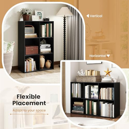 Giantex 6-Cube Bookcase, 3-Tier Cubby Bookshelf, Horizontal Vertical Display Rack with Anti-Tipping Kits, Modern Storage Organizer Shelf Unit for Bedroom, Living Room, Study Room, Black | Horizontal Vertical Display Rack with Anti-Tipping Kits, Modern Sto