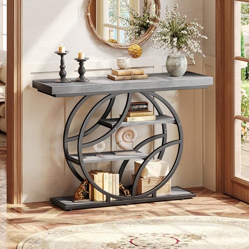 Huuger 41.3 Inch Entryway Table, Console Table with Shelves, Sofa Table | Modern Entrance Table, Console Tables for Entryway, Hallway, Entrance, Foyer, Living Room, O-Shaped Accent Table, Light Grey - color: Light Grey, size: 11.8"D x 41.3"W x 31.5"H