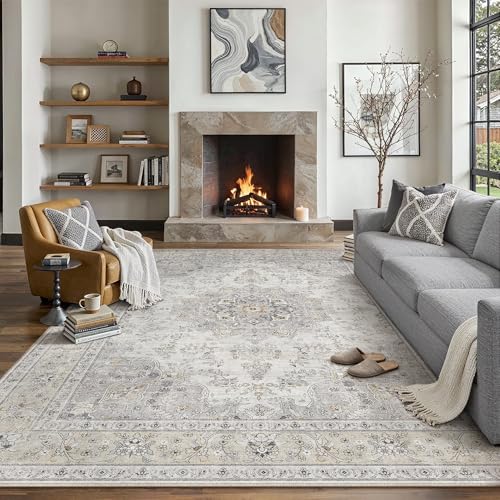 8x10 Area Rugs Washable Rugs Vintage Grey | Living Room Rug,Vintage Rug,Bedroom,Dining Room,Office,Farmhouse,Non-Shedding,Non Slip,Low Pile,Soft - color: Beige Grey, size: 8' x 10' (Rectangular)