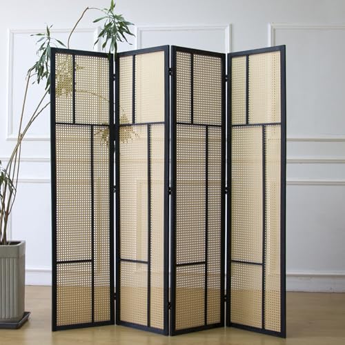 4 Panel Rattan Room Divider, 5.6 ft Tall Double-Sided Folding Privacy Screen for Room Separation, Decorative Panel Screen with Brown Wood Frame for Home & Office (67" H x 63" W)