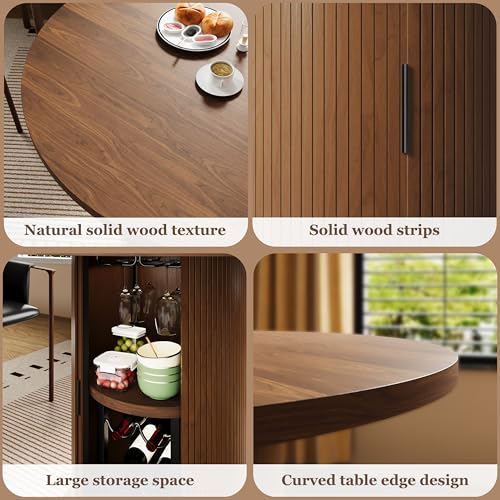 Wildhome Round Dining Table for 2-3, 31 Inch Dining Room Kitchen Table with 2-Tier Storage Shelf & Wine Rack, Modern Farmhouse Fluted Wood Slide Door Dinner Furniture,Circle(Non scalable-32 in) - color: Non-scalable-32 Inch-walnut