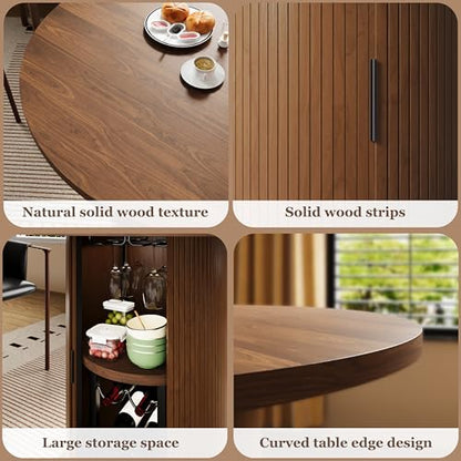 Wildhome Round Dining Table for 2-3, 31 Inch Dining Room Kitchen Table with 2-Tier Storage Shelf & Wine Rack, Modern Farmhouse Fluted Wood Slide Door Dinner Furniture,Circle(Non scalable-32 in) - color: Non-scalable-32 Inch-walnut