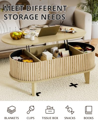 Oval Coffee Table with Lifting Top, 41" Fluted Coffee Table with Storage for Living Room or Home Office, Oak - color: Oak
