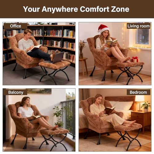 Welnow Lazy Chair with Ottoman, Reading Chair with Footrest, Plush Brown | A Side Pocket,Armrests,Foldable Footrest,Thick Cushioned Seat & Backrest, Lounge Chair for Bedroom,Living Room & Small Space - color: Plush Brown