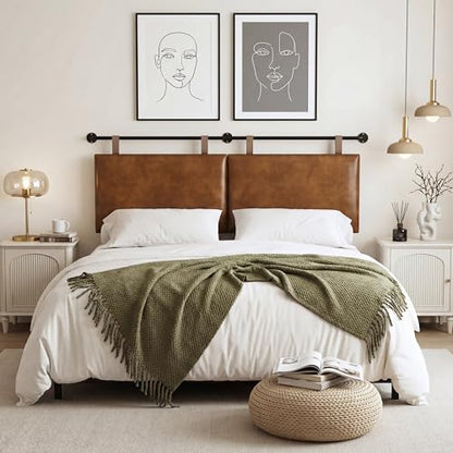 King Headboard, Wall Mounted Hanging Upholstered Soft Bed Head Board with Modern Design Faux Leather Headboards Ideal for Bedroom (Brown Leather, King - color: Brown, size: King