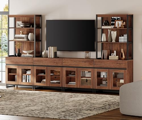 WAMPAT Modern Wall Unit TV Stand with 3 Tiers Bookshelf, Farmhouse Entertainment Center with 4 Drawers and Adjustable Shelf, Wooden Media TV Console with Glass Doors for Living Room, Brown - color: Brown-c