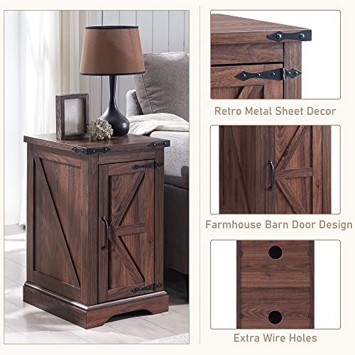 Farmhouse 17" Nightstand with Charging Station, Black | Rectangular/ Rustic End Table with Barn Door /Adjustable Shelf/ Wood Sofa Side Table/ for Living Room, Bedroom - color: Brown Color