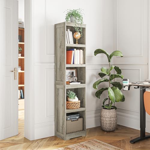 LINSY HOME 5-Shelf Bookcase, Narrow Bookshelves Floor Standing Storage Shelves 68 in Tall Bookcase Home Decor Furniture for Home Office, Living Room, Bed Room - Light Brown - color: Light Brown, size: 5 Shelf Narrow 68.3"H