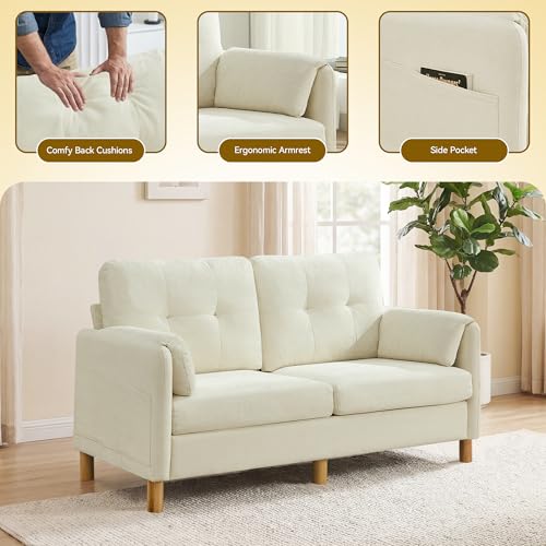 Mid Century Modern Couch, 65" Loveseat Sofa, Ivory | Storage Pockets, Upholstered Small Loveseat for Small Spaces, Bedroom, Home Office, Apartments - color: Beige