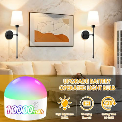 OCATO Wall Sconces Battery Operated 10000mAh Wireless Wall Sconces Set of 2 | Rechargeable Wall Lights with 10000mAh Dimmable Bulbs and Remote 7 Colors Wireless Wall Lamps for Bedroom Living Room Hallway - color: Black