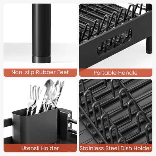 TOOLF Expandable Dish Drying Rack with Cutlery Holder, Standard, Black | Stainless Steel &PP, Extenable 12.6"-18.7"D, Anti-Rust, Auto-Drainage, Space-Saving, Fit for RV, Apartment Sink Countertop - color: Black
