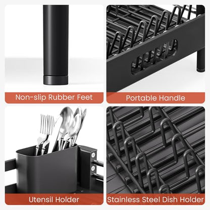 TOOLF Expandable Dish Drying Rack with Cutlery Holder, Standard, Black | Stainless Steel &PP, Extenable 12.6"-18.7"D, Anti-Rust, Auto-Drainage, Space-Saving, Fit for RV, Apartment Sink Countertop - color: Black