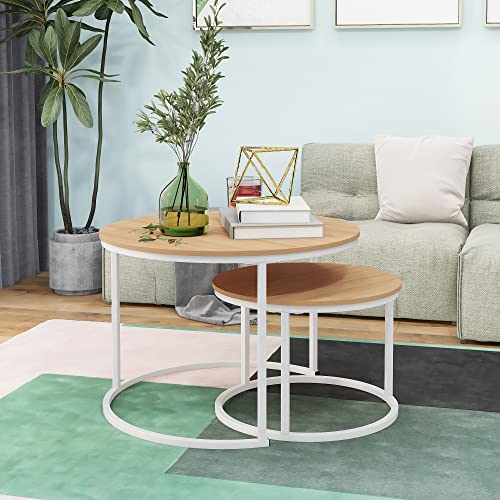 HOJINLINERO Round Coffee Table,Nesting White Coffee Table Set of 2,Large | Center Tables for Living Room, Home Small Space,Stacking Side Tables,Sturdy&Easy Assembly,Wood Desktop,White+Teak OAKDK - color: Wh+oakdk, size: Large