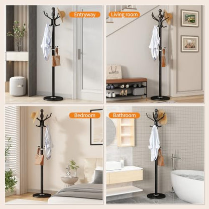 Metal Coat Rack Stand Coat Rack Freestanding with 360° Rotary,Black | Modern Coat Rack with 360° Rotary Design Sturdy Heavy Duty Hall Tree Hats Hanger Holder Stand 14 Hooks for Hallway Office - color: Black with Rotatable Hooks