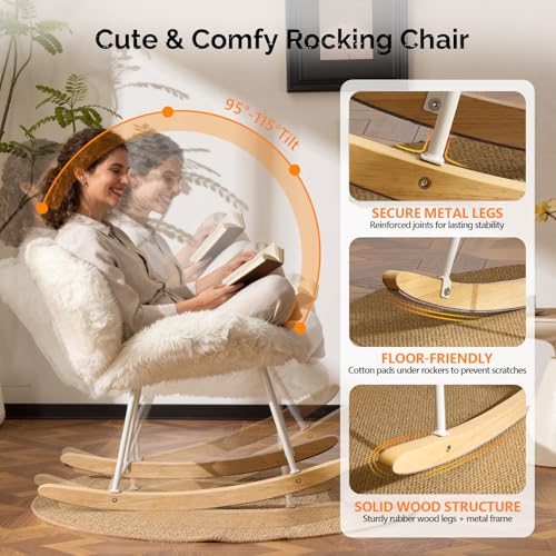 VINGLI 25.6" Extra Wide Criss Cross Nursery Rocking Chair,Cute Curved 115° Reclining Armless Glider,Plush Small Rocker w/Pillow & Solid Wood for Indoor,Bedroom, Living Room,Fluffy Fleece,White - color: Fluffy-white