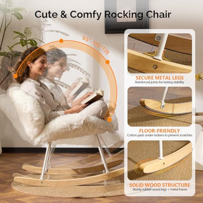 VINGLI 25.6" Extra Wide Criss Cross Nursery Rocking Chair,Cute Curved 115° Reclining Armless Glider,Plush Small Rocker w/Pillow & Solid Wood for Indoor,Bedroom, Living Room,Fluffy Fleece,White - color: Fluffy-white