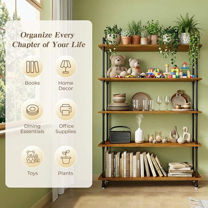 Industrial Bookshelf, Pipe Shelf Bookcase, 5 Tier, 48" Rustic Brown | Solid pine shelves, 48 inch wide, black pipe frame, 50 lbs per shelf, open bookcase for books, plants, office - color: Rustic Brown, size: 48"L × 70"H