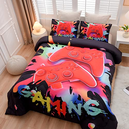 Aimuan Gaming Comforter Sets for Boys Kids Bedding Sets Video Games Console Action Buttons Novelty Colorful Game Gamepad Controller Modern Gamer Room Decor Home Quilt Set (Twin, Black) - color: Black, size: Twin