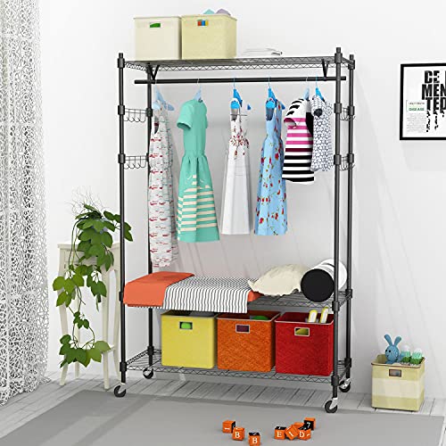 Heavy Duty Clothes Rack, Adjustable Rolling Garment Rack with Shelves, Freestanding Wardrobe Rack 1 Clothes Hanging Bar, 3 tired Wire Shelving, 4 Hanger Hooks - Hold Up to 400Lbs (Black, 1Rod 4Hook)