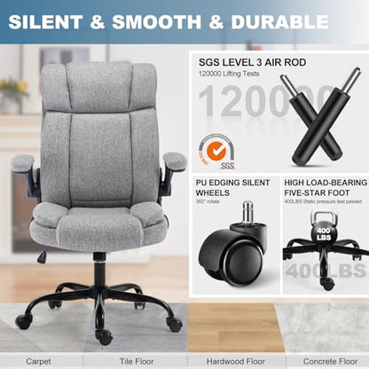 Fabric Office Chair High Back Executive Ergonomic Chair Flip Arms | Premium cloth fabric office chair with high back ergonomic support, flip-up arms, adjustable height, 90°-120° tilt function - color: Grey