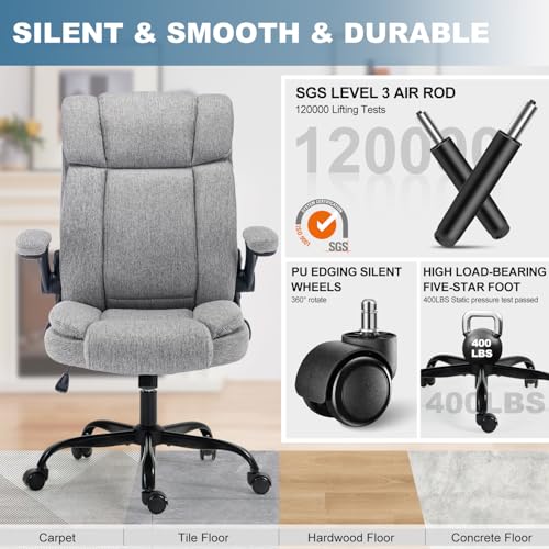 Fabric Office Chair High Back Executive Ergonomic Chair Flip Arms | Premium cloth fabric office chair with high back ergonomic support, flip-up arms, adjustable height, 90°-120° tilt function - color: Grey