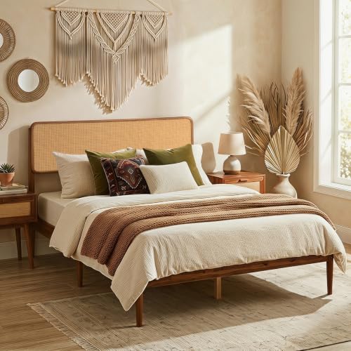 Giantex Wooden Bed Frame Full Size, Rattan Headboard Platform Bed (Full) | Wooden Slat Support, Acacia Wood Mattress Foundation No Box Spring Needed - size: Full
