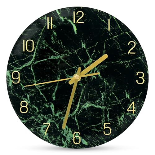 VIKMARI 12inch Emerald Green Abstract Marble Glass Wall Clock Kitchen Decor | Silent Non Ticking Battery Operated Round Analog Clock Golden Arab Numerals Living Room,Office Decor - color: Dark Green, size: 12 Inch