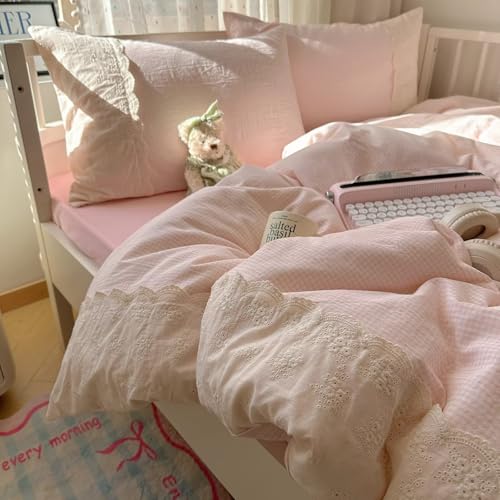 MKXI Vintage Floral Duvet Cover Set Twin - Pink & White Gingham Check with Lace Border, Soft Washed Microfiber 3-Piece Bedding Set for Girls, Teens & Adults, Princess Cottagecore Style - color: 000 Lace- Pink Gingham, size: Twin