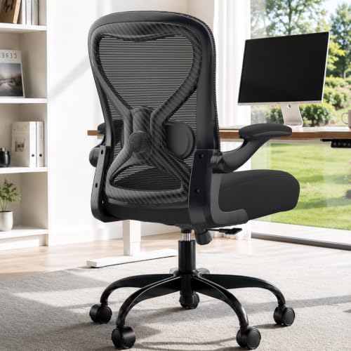 Office Desk Chair with Ergonomic Lumbar Support, Extra-Thick Seat Cushion, Flip-up Arms, Breathable Mesh Back, Computer Task Chair for Home Office (All-Black Carbon Fiber Model) | Adjustable Lumbar (up/down/in/out), Rocking Mesh Back, Flip-up Arms, Easy A