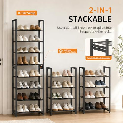 Stackable Shoe Rack, 8-Tier Metal Organizer Holds up to 16 Pairs, Tall Narrow Shoe Storage for Small Space Closet Hallway, Black - size: 8 Tier