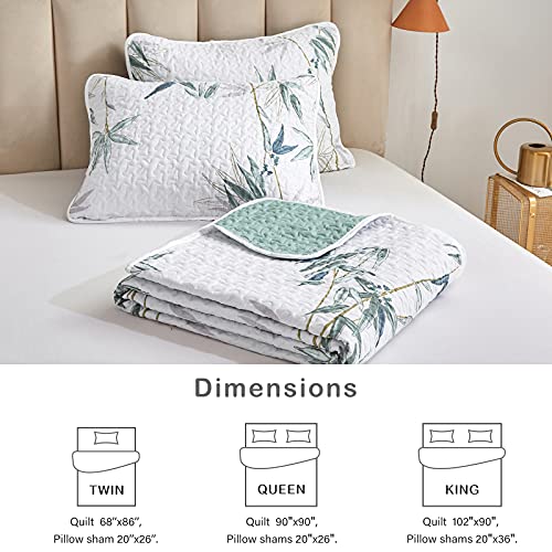 Flysheep Botanical Quilt Set 2 Pieces Twin Size, Green Leaves Printed on White Reversible Bedspread Coverlet Set, Soft Microfiber Lightweight Bed Cover for Kids (68" x 86", 1 Quilt+ 1 Pillow Sham) - color: Green Leaves, size: Twin-68" x 86" (1 Quilt + 1 P
