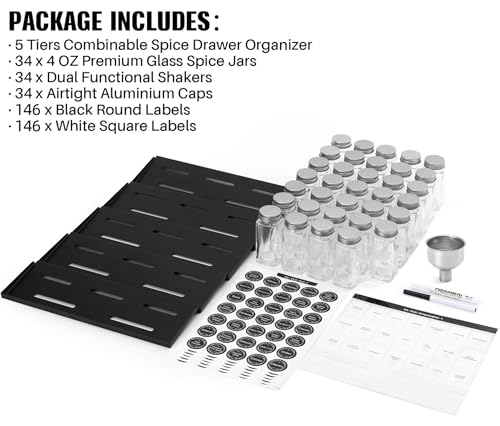MIUKAA Spice Drawer Organizer with 34 Spice Jars, 378 Spice Labels, 5 Tier - 5 Pack Metal Spice Rack Tray for Drawer/Countertop, 13.7" Wide x 22.6" Deep (Black)