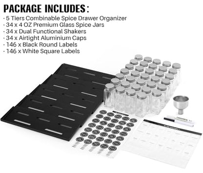 MIUKAA Spice Drawer Organizer with 34 Spice Jars, 378 Spice Labels, 5 Tier - 5 Pack Metal Spice Rack Tray for Drawer/Countertop, 13.7" Wide x 22.6" Deep (Black)