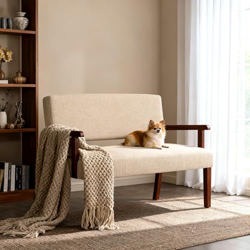 Accent Chair 2 Seat, Upholstered Reading Leisure Chair, Bench with Solid Wood Frame for Dining, Reading,Waiting Rooms (Beige) - color: Beige, size: Bench