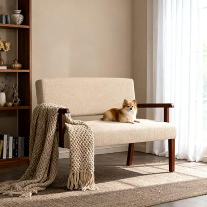 Accent Chair 2 Seat, Upholstered Reading Leisure Chair, Bench with Solid Wood Frame for Dining, Reading,Waiting Rooms (Beige) - color: Beige, size: Bench
