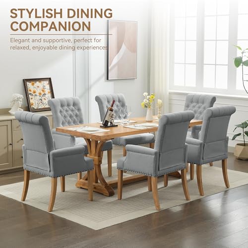Dining Chair with Arms, Upholstered High Back Dining Room Chairs, Grey | Set of 2, Linen Fabric Dining Chairs, Tufted Armchair with Solid Wood Leg, Nailhead Trim, Comfortable Parson Kitchen Chairs - color: Light Grey, size: 2 PCS